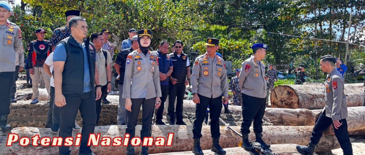 Kapolda Lampung Tinjau Kapal Tongkang Bermuatan Kayu yang Terdampar di Pantai Tanjung Setia Pesisir Barat
