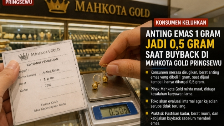 Diduga Rugi Buyback Emas 50 Persen, Konsumen Mahkota Gold Pringsewu Keluhkan Selisih Berat Anting 1 Gram Jadi 0,5 Gram