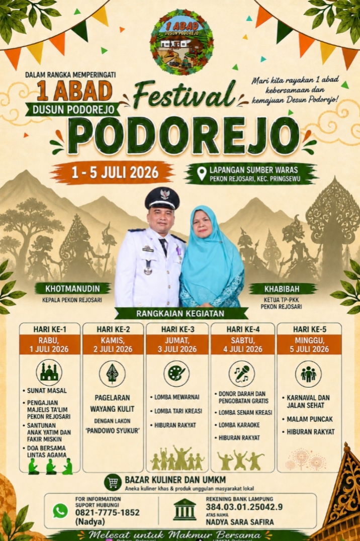 Festival Podorejo 1 Abad Siap Digelar, Lima Hari Penuh Budaya, Religi, UMKM dan Hiburan Rakyat di Rejosari Pringsewu