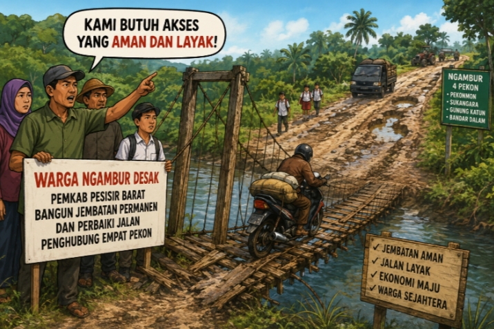 Puluhan Tahun Menanti, Warga Ngambur Desak Pemkab Pesisir Barat Bangun Jembatan Permanen dan Perbaiki Jalan Penghubung Empat Pekon