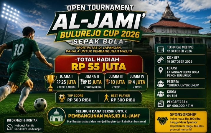 Open Tournament Al-Jami’ Bulurejo Cup 2026 Siap Digelar, Sediakan Hadiah Rp55 Juta untuk Dukung Pembangunan Masjid